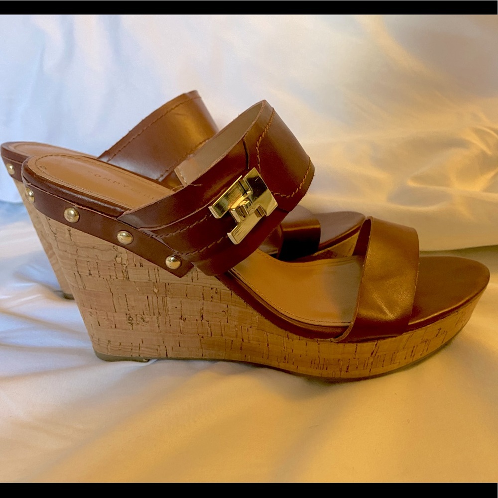 Tommy Hilfiger Brown Leather Cork Wedge - Size 8.5